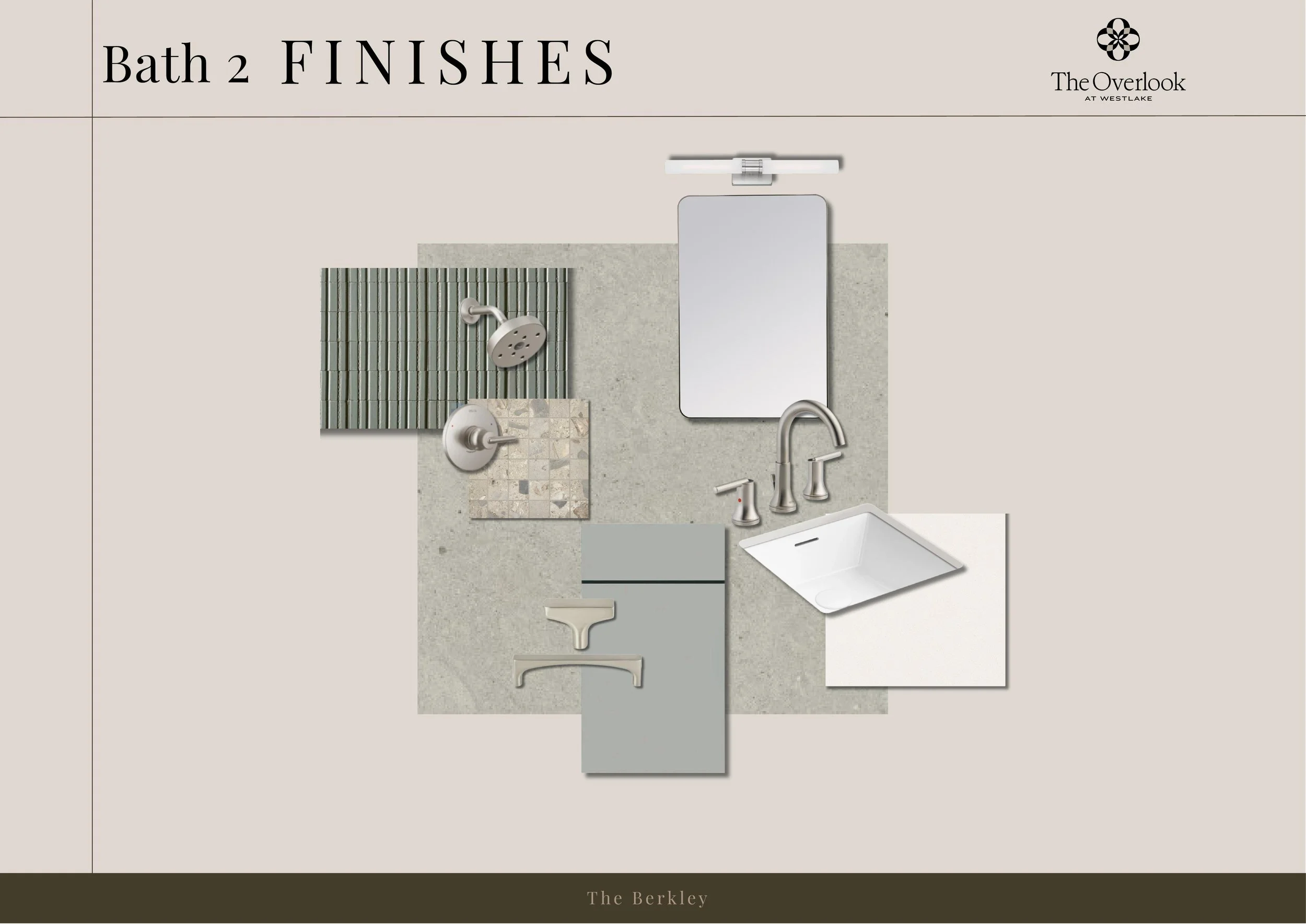 A display of bathroom finishes, including tiles, a mirror, a faucet, a sink, and fixtures for a bathroom renovation.