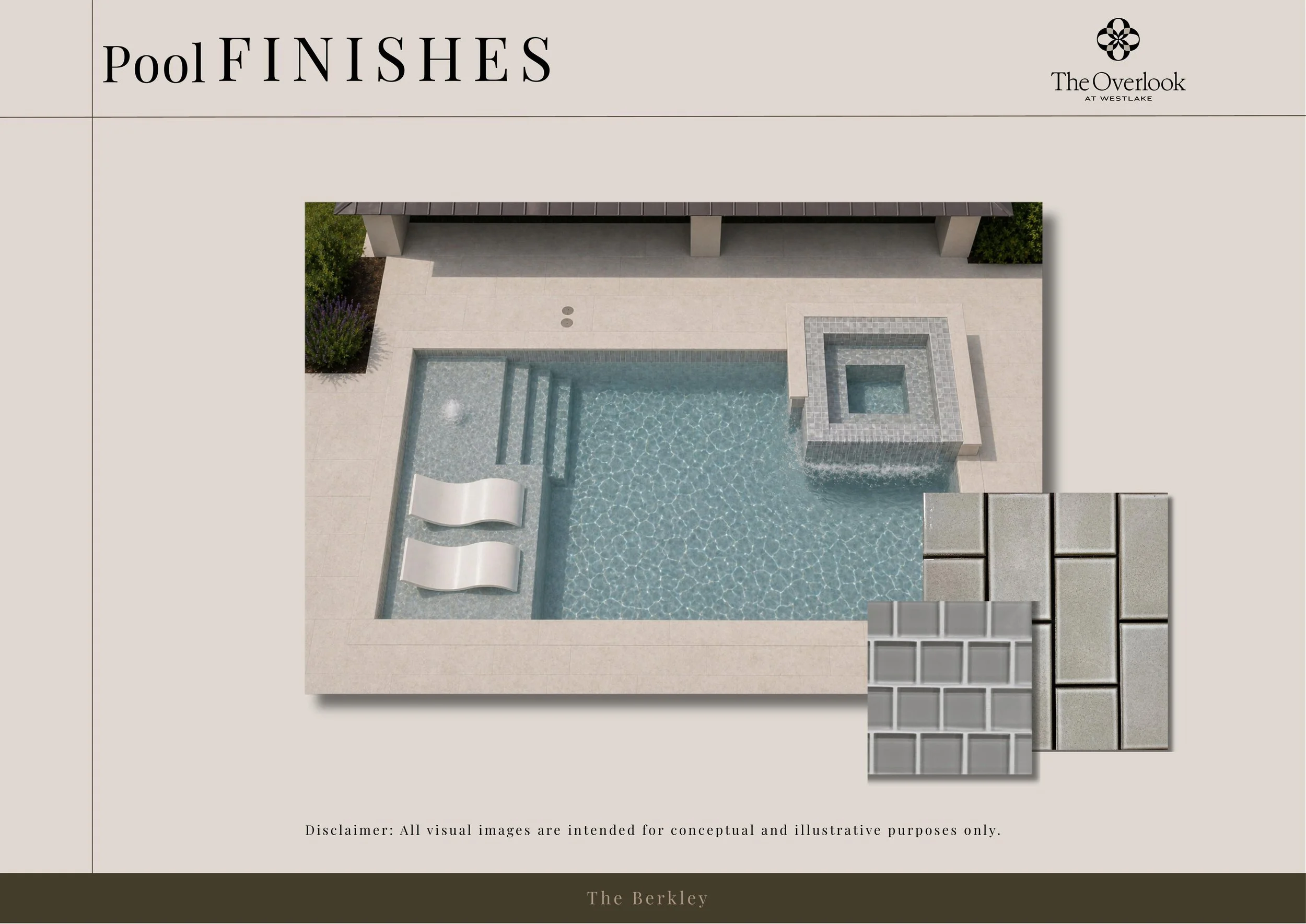 An advertisement for The Berkley at Westlake, showcasing a conceptual design of a swimming pool with steps, a smaller hot tub, and lounge chairs, featuring beige tiles and surrounding greenery.