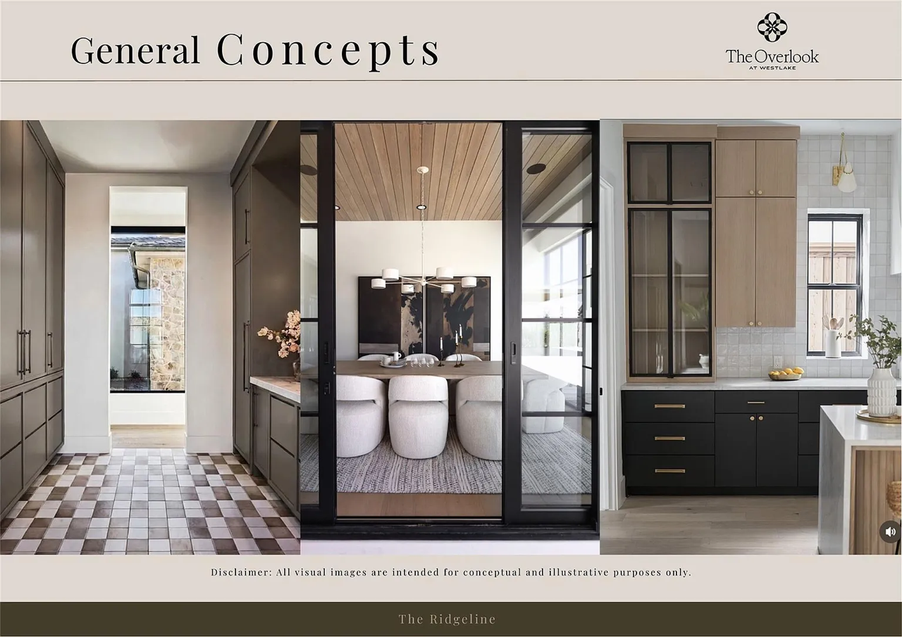 Interior view of a modern kitchen and dining area with glass sliding doors. The kitchen has dark lower cabinets, light upper cabinets, and a tiled backsplash. The dining space features a wooden ceiling, a contemporary chandelier, and a curved white s
