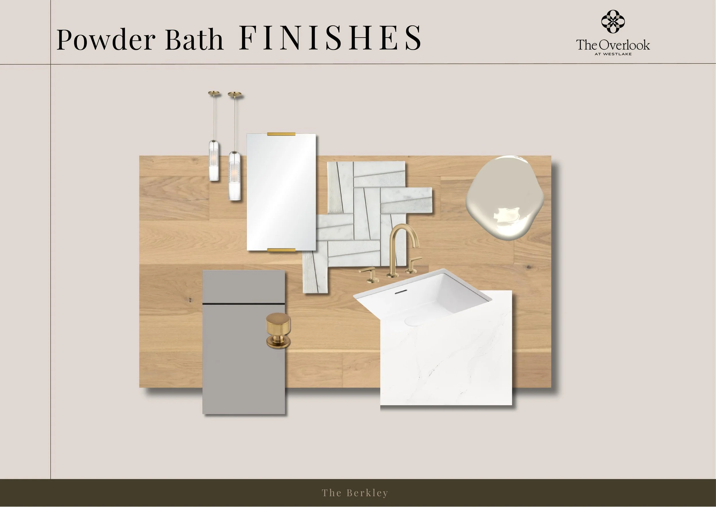 Sample interior design mood board with samples of wood, tiles, and paint, featuring a bathroom vanity with a sink, gold fixtures, and modern lighting fixtures, labeled as "The Berkley" by The Overlook at Westlake.