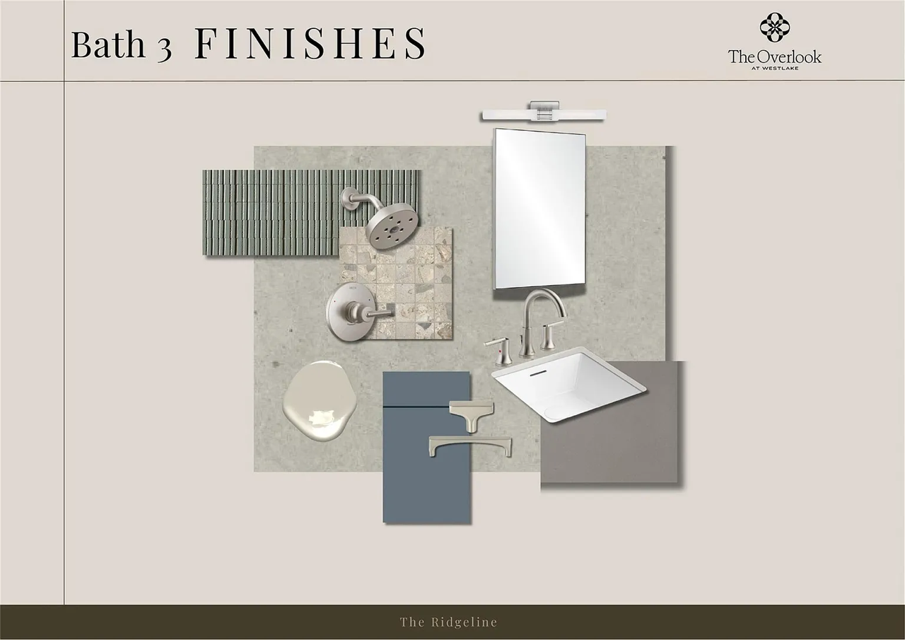 A visual chart showing various finishes for a bathroom, including showerhead, faucet, mirror, sink, soap dish, and tiles, labeled as 'Bath 3 Finishes' from The Overlook at Westlake.