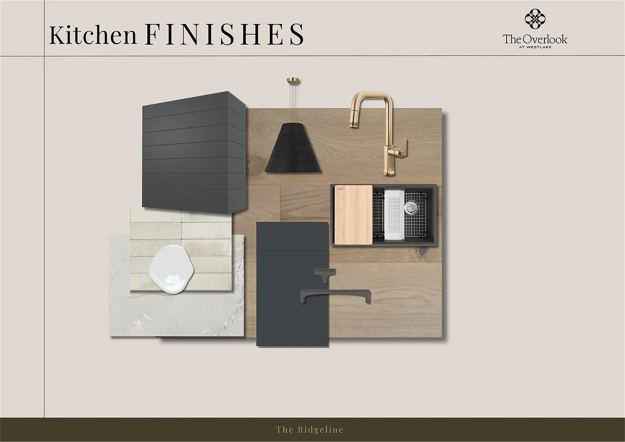 A top view of a kitchen design layout featuring black, beige, and wood textures, with a black pendant light, gold faucet, various countertop materials, and a sink.