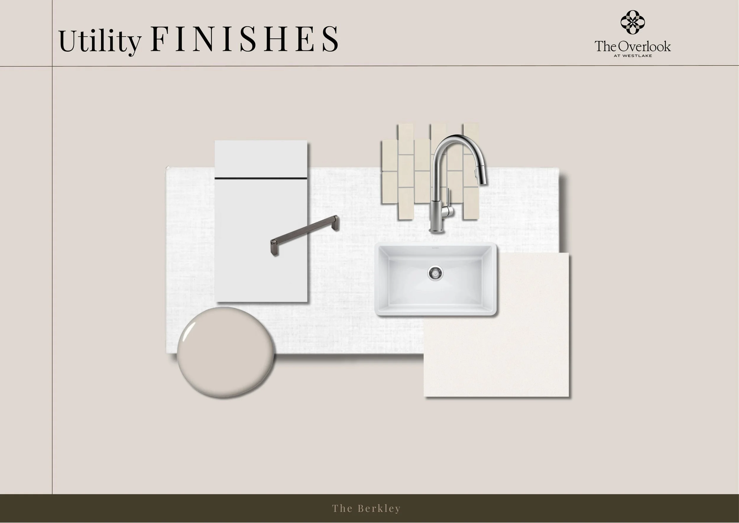 Design layout for a kitchen with a white sink, beige tiles, and various countertop fixtures including a faucet and a soap dispenser.