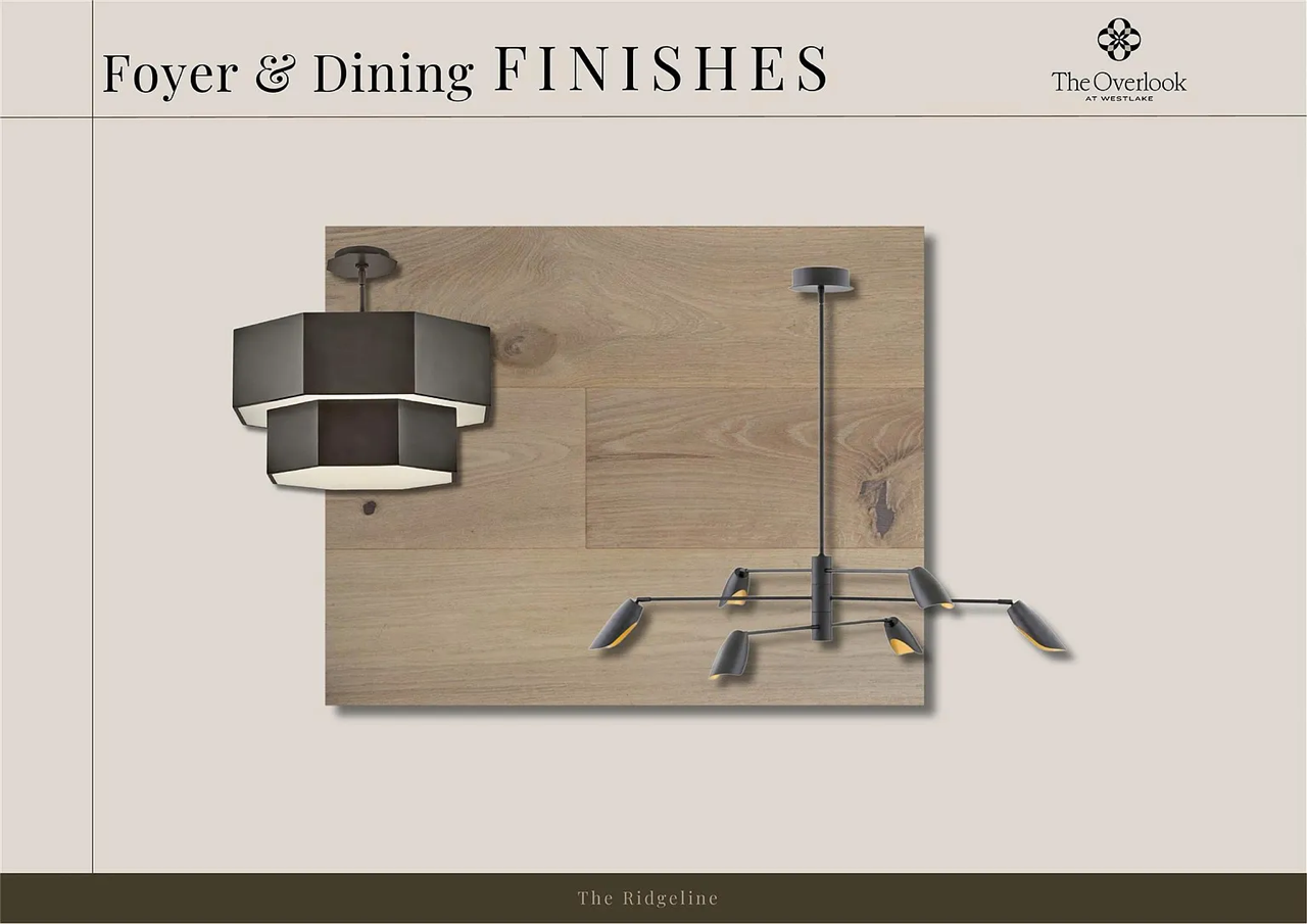 Two modern ceiling light fixtures, one with a geometric black shade and another with multiple adjustable black arms with yellow accents, mounted on a wooden panel with a light-colored background.