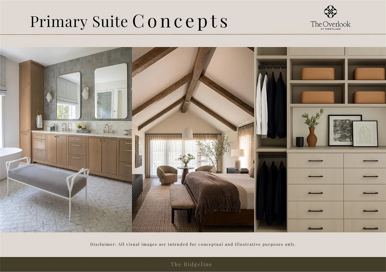 Floor plan for primary suites, showing bathroom, bedroom, and closet designs with neutral tones and modern decor.