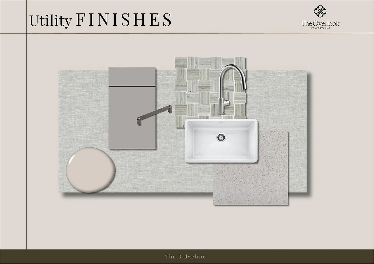 A top-down view of a kitchen countertop with sample finishes including a round plate, a gray cabinet door, a textured tile backsplash, a white sink, and a silver faucet.