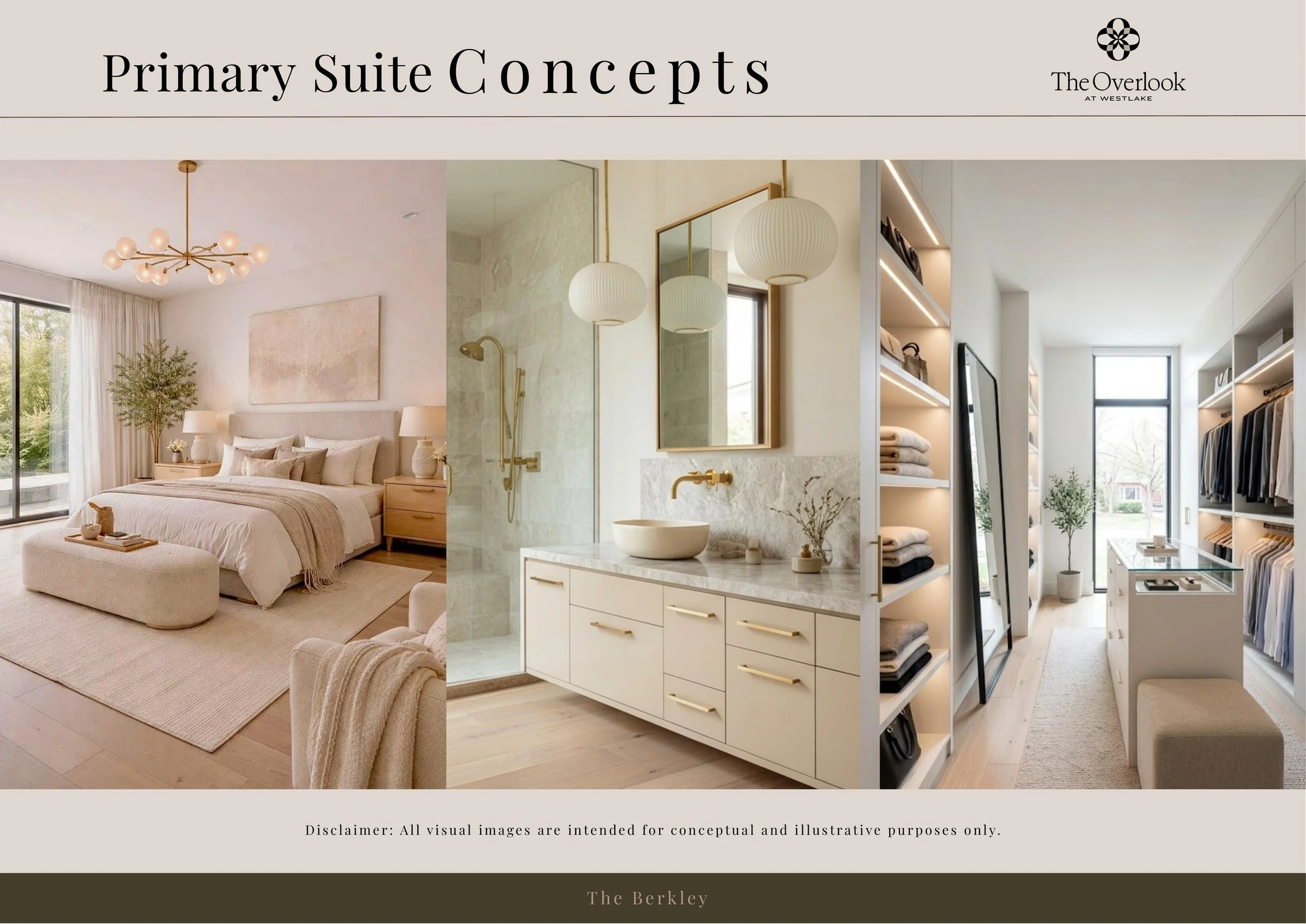 Collage of three interior home spaces: a bedroom with a bed, bedside tables, and a large window; a bathroom with modern lighting, a mirror, and a sink; a walk-in closet with shelves of folded clothes and a window.
