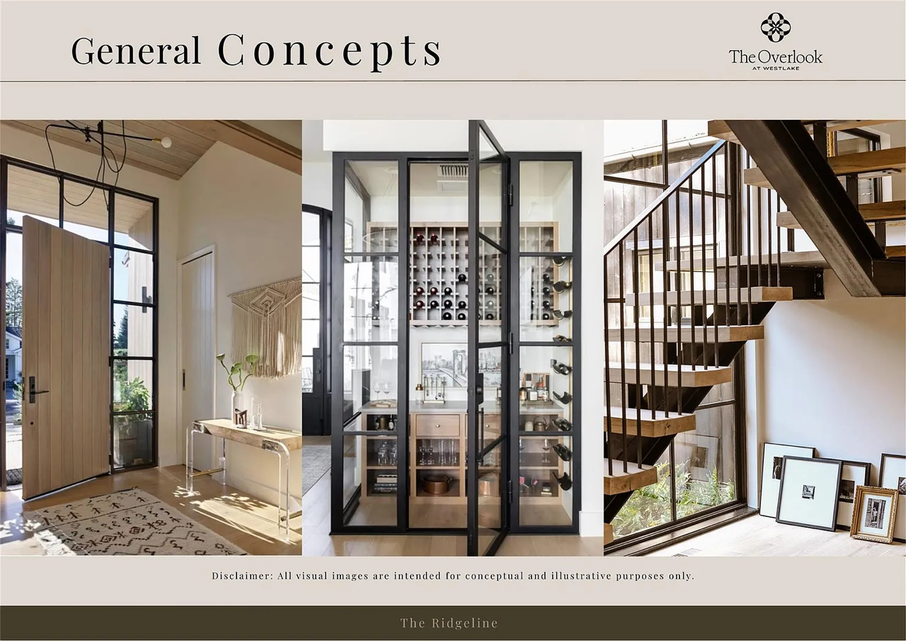 Interior view of a modern home featuring an entryway with a wooden door and large window, a glass wine cellar with bottles and glassware, and a staircase with wooden steps and metal railing next to a large window with framed pictures on the floor.