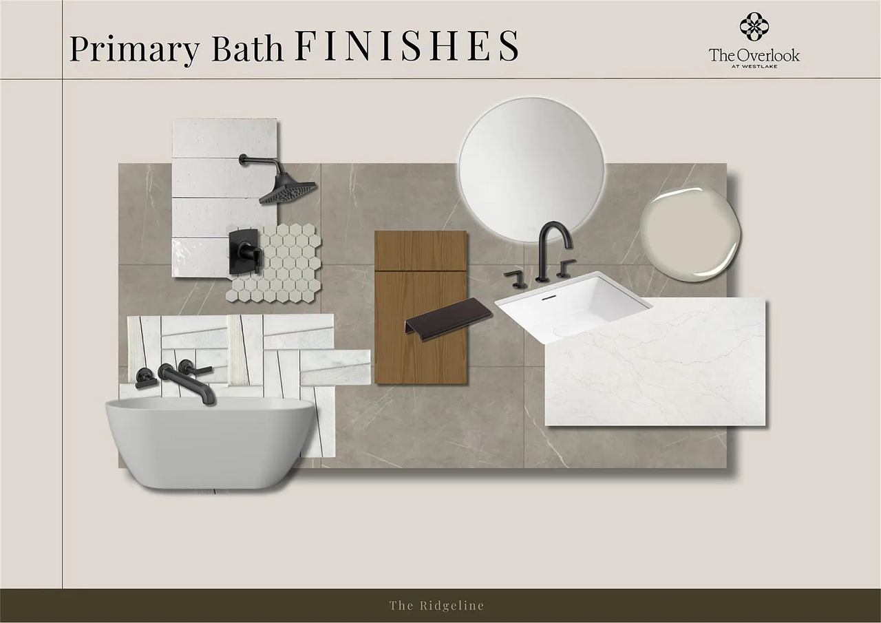 A layout of bathroom finishes includes a showerhead, a black faucet, hexagonal tiles, white subway tiles, wood, a black shelf, a round mirror, an oval mirror, a white vessel sink, and a rectangular marble countertop, arranged on a beige tiled wall.