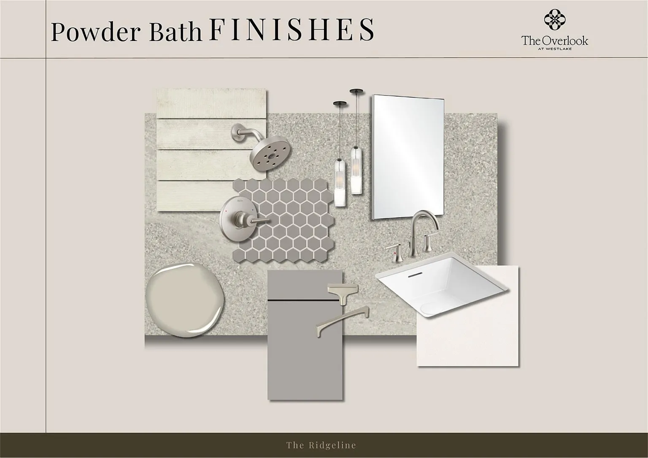 A top-down view of a bathroom vanity setup, including a showerhead, a soap dispenser, a mirror, a sink with a faucet, tiles, a soap dish, a gray towel, and black pendant lights.