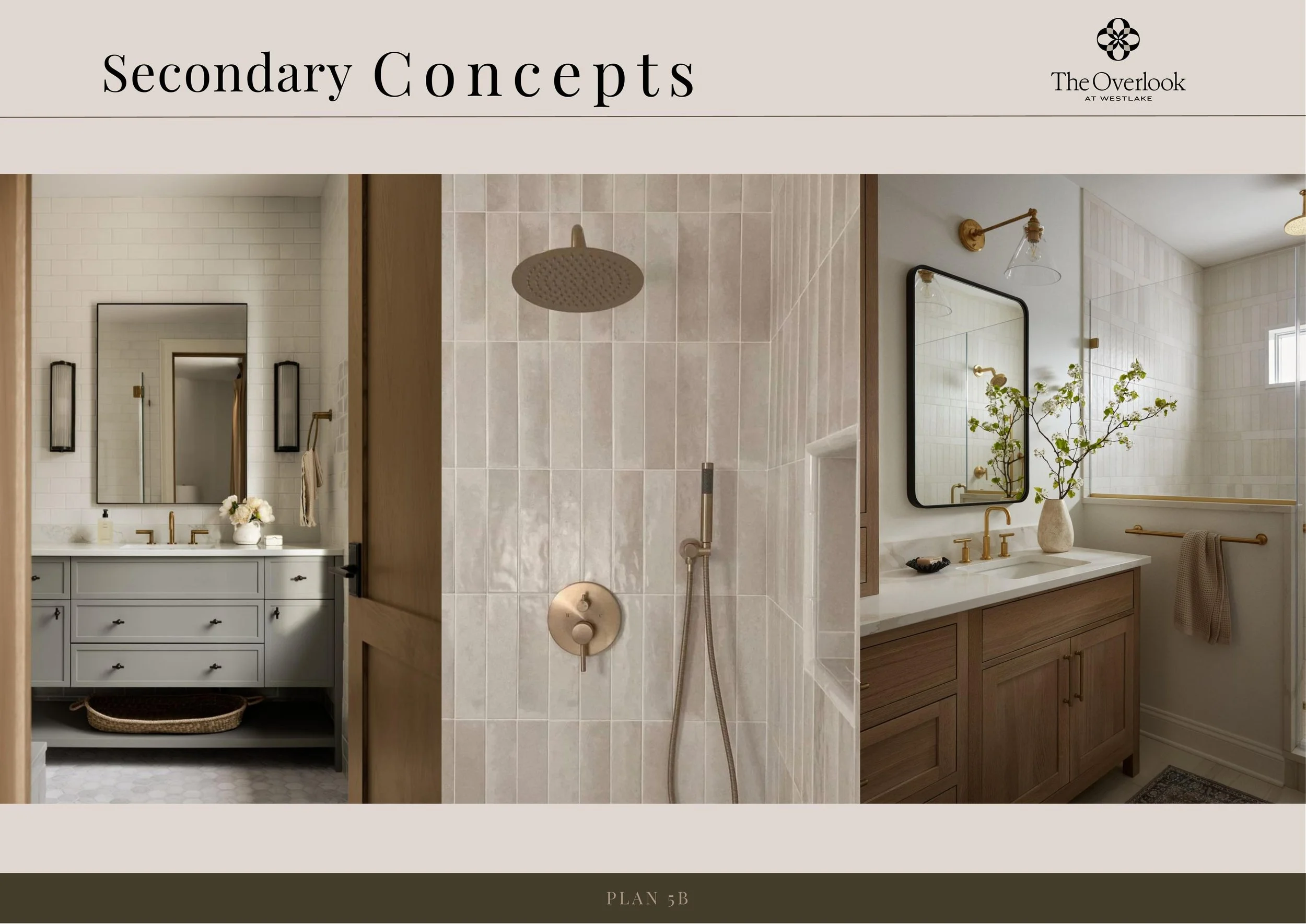 Collage of three bathroom interior designs with different vanity styles, wall treatments, and lighting fixtures.