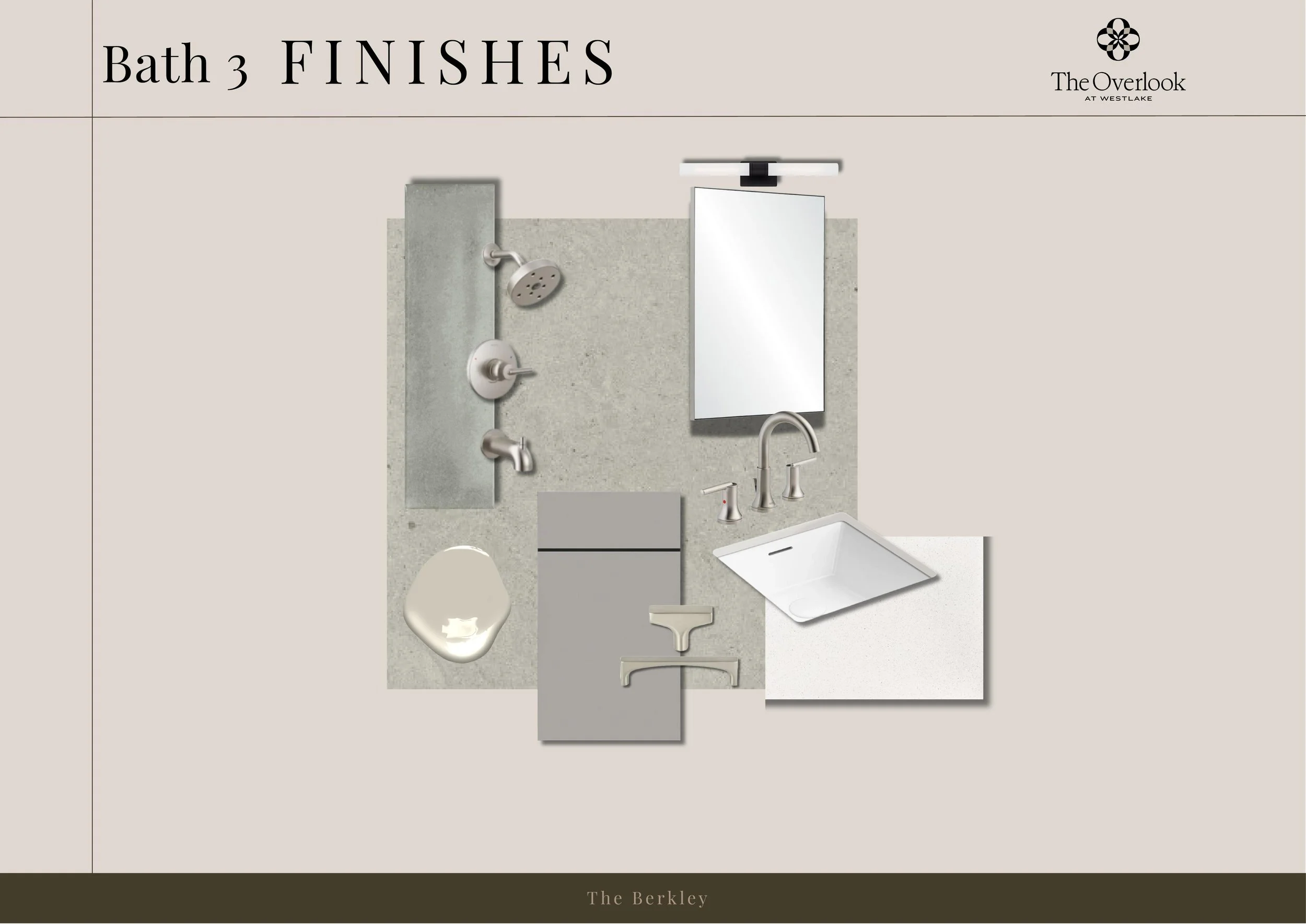 Swatch sample of bathroom finishes, including shower fixtures, faucet, sink, mirror, and tiles, for Bath 3 at The Overlook at Westlake, The Berkley collection.