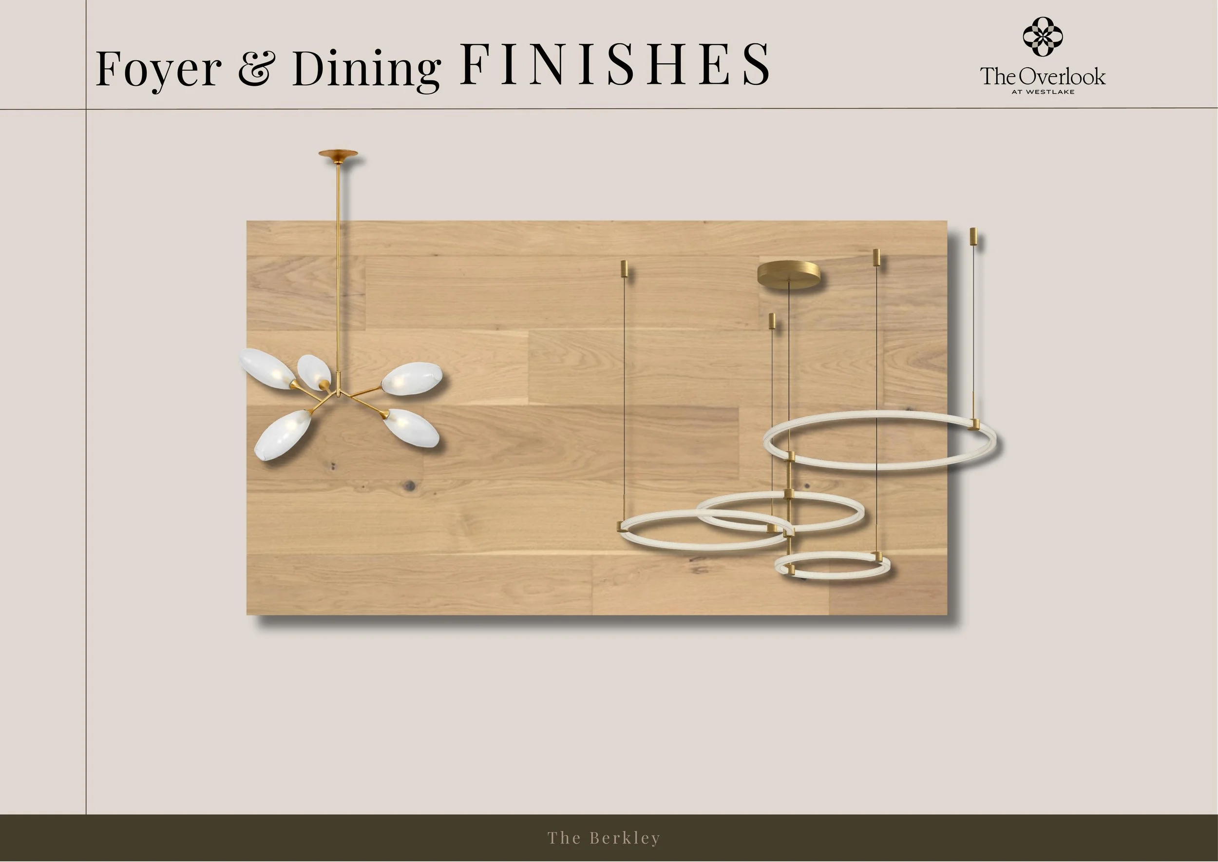 Design board showing modern lighting fixtures, including a chandelier with white glass shades and a ring-shaped pendant, mounted on a wooden background with text 'Foyer & Dining Finishes' and 'The Berkley'.
