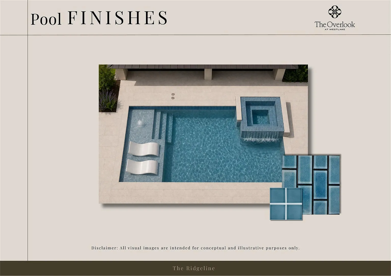 Conceptual image of a swimming pool with a waterfall feature, underwater lounge chairs, and a tiled hot tub.