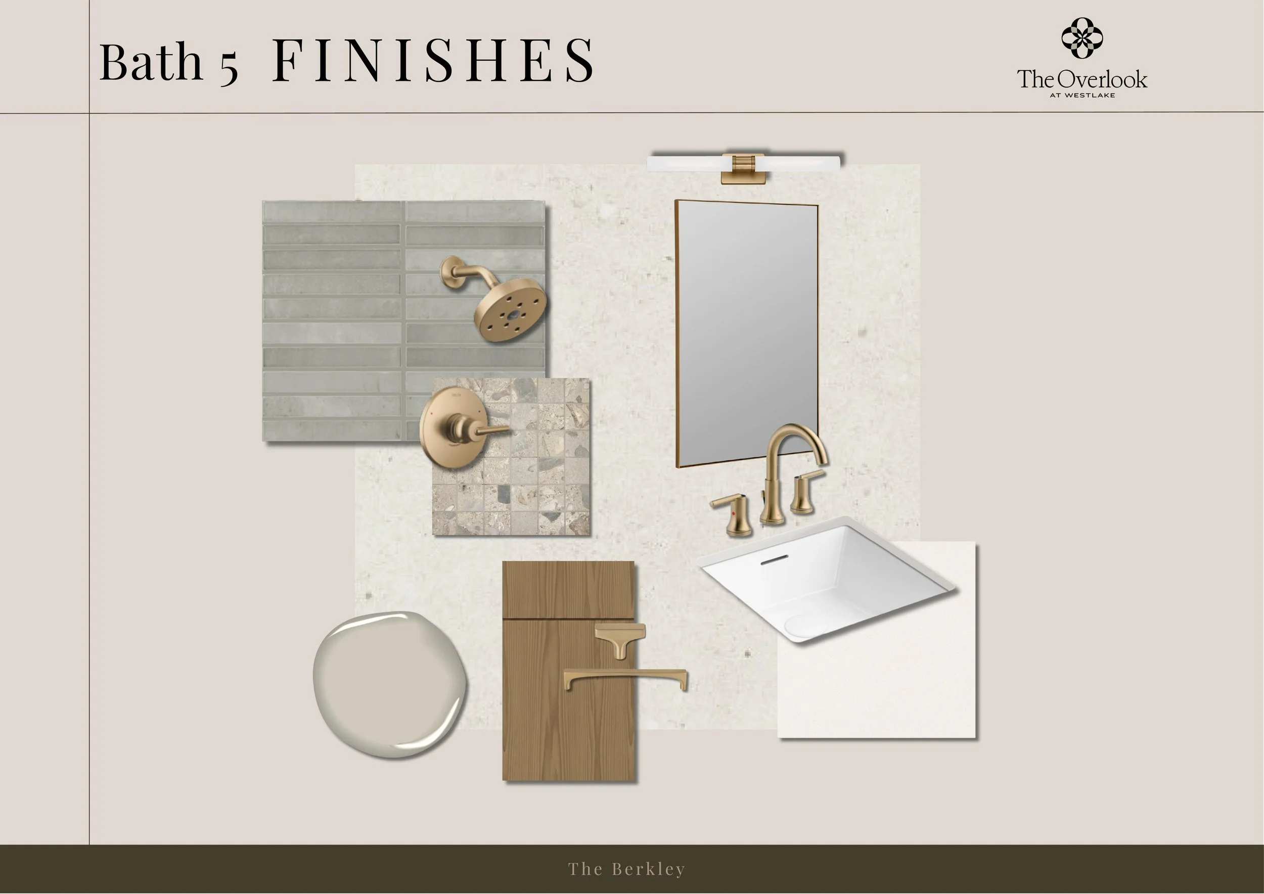 A bathroom interior display with a showerhead, a faucet, a mirror, a sink, and various tile samples, labeled 'Bath 5 FINISHES' and 'The Berkley' at Westlake.