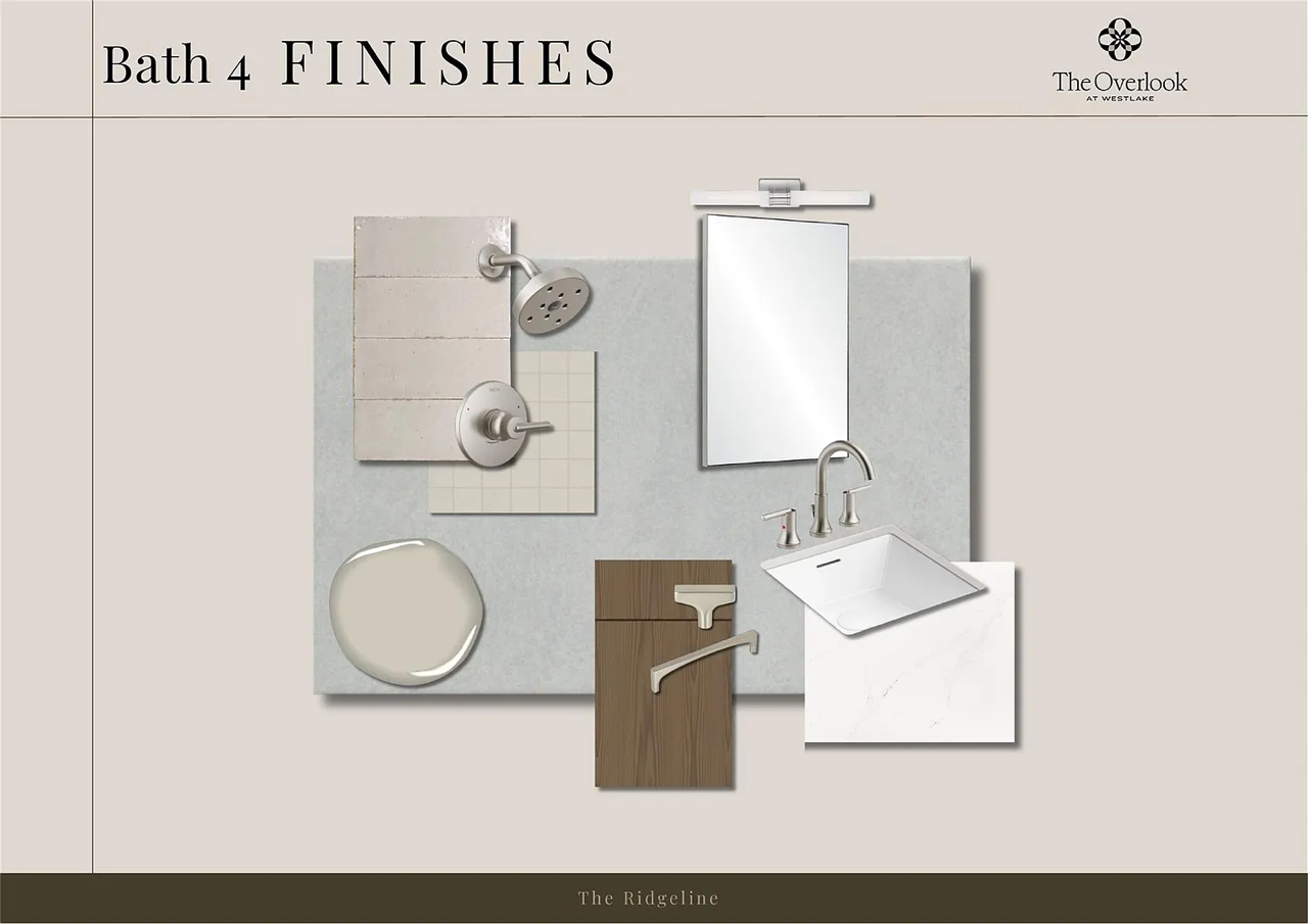 A layout of bathroom fixtures and finishes, including a showerhead, faucet, mirror, sink, and different tile samples, with a label 'Bath 4 Finishes' and branding 'The Overlook at Westlake.'