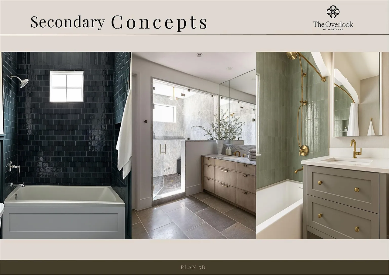 Interior design concept images of bathrooms with different styles, including a dark green-tiled shower, a bathroom with a glass shower enclosure and a vanity, and a bathroom with a green-tiled shower and a gray vanity with gold fixtures.
