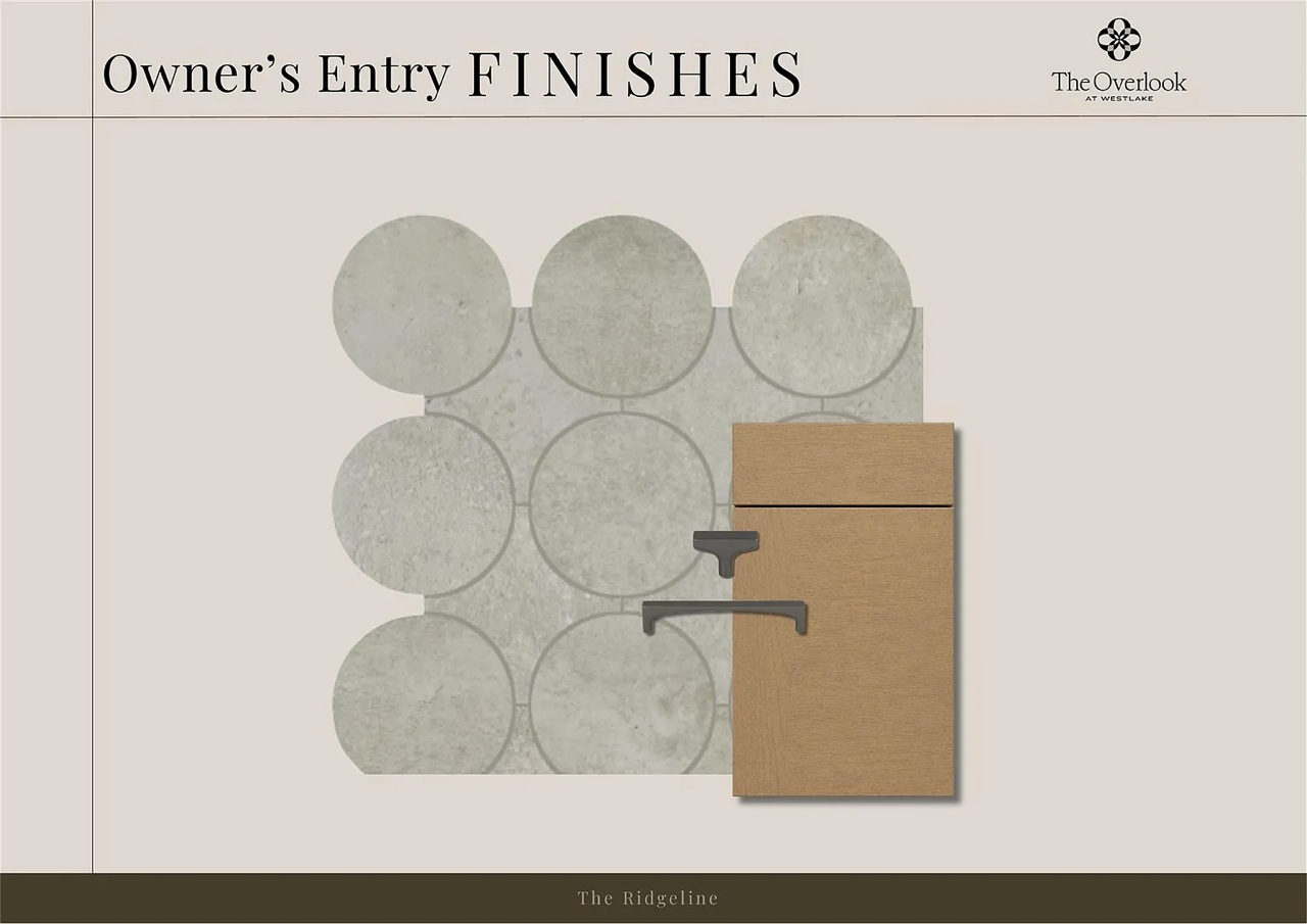 Display of door hardware finishes at The Overlook at Westlake, showing a door handle and a door panel in a sample board with circular tile samples in the background.