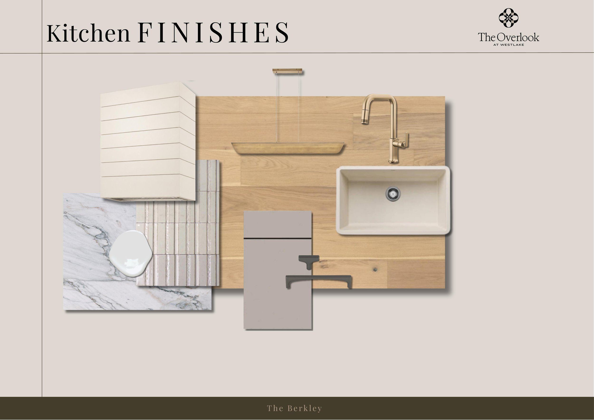 Sample kitchen design featuring a white cabinet, marble countertop, small gray drawers, wooden backsplash, white sink, and gold faucet.
