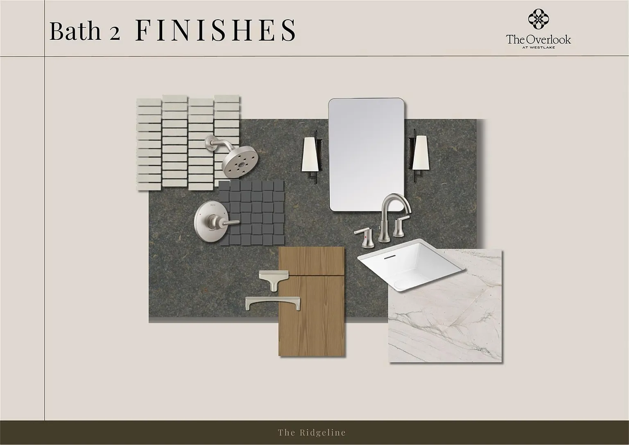 A variety of bathroom finishes and fixtures including tiles, a showerhead, a faucet, a mirror, wall sconces, a wooden cabinet, and a sink, arranged on a display board for a bathroom design.