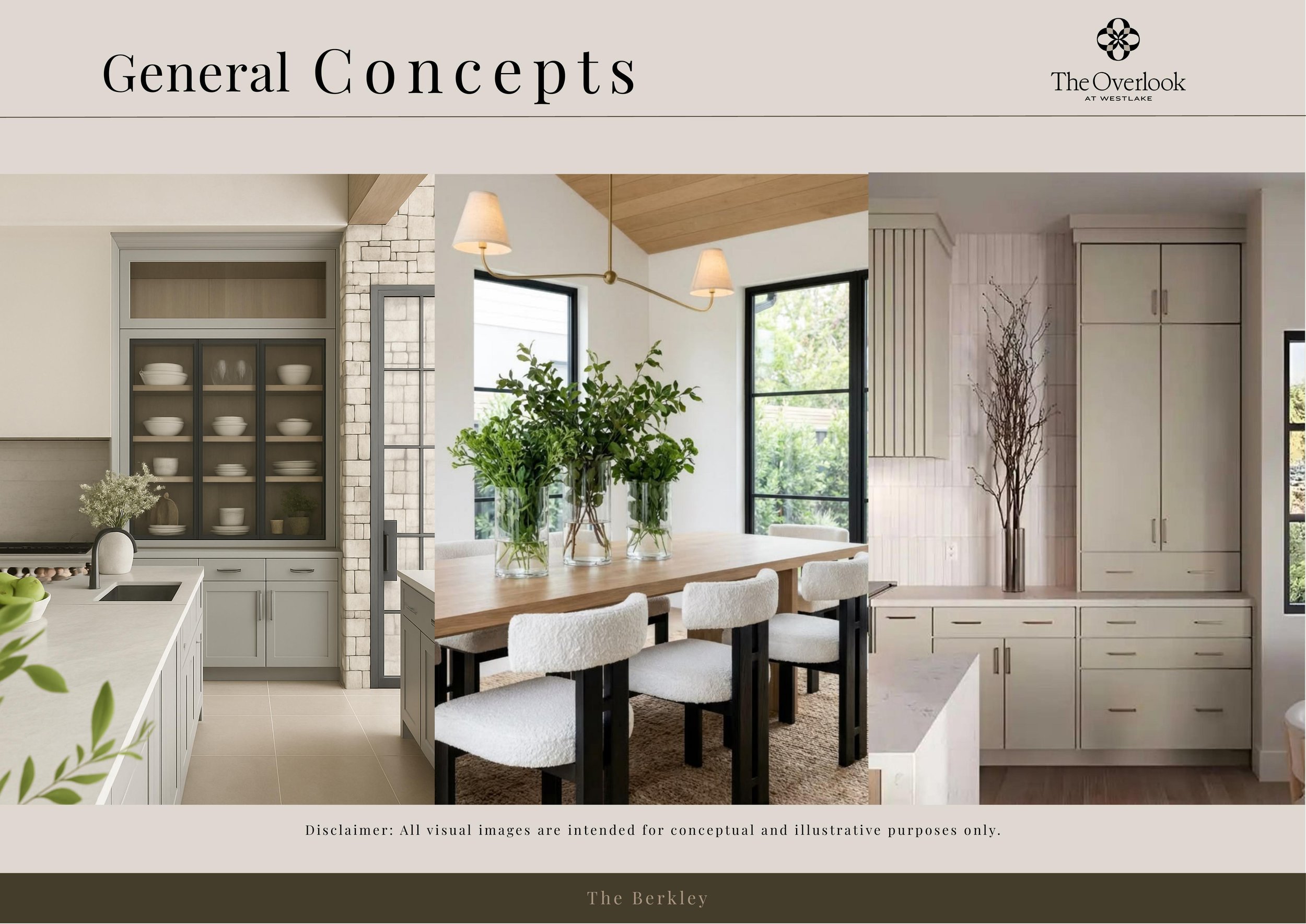 A collage of three interior home design images showcasing a kitchen, dining room, and living area with modern decor, large windows, and greenery.