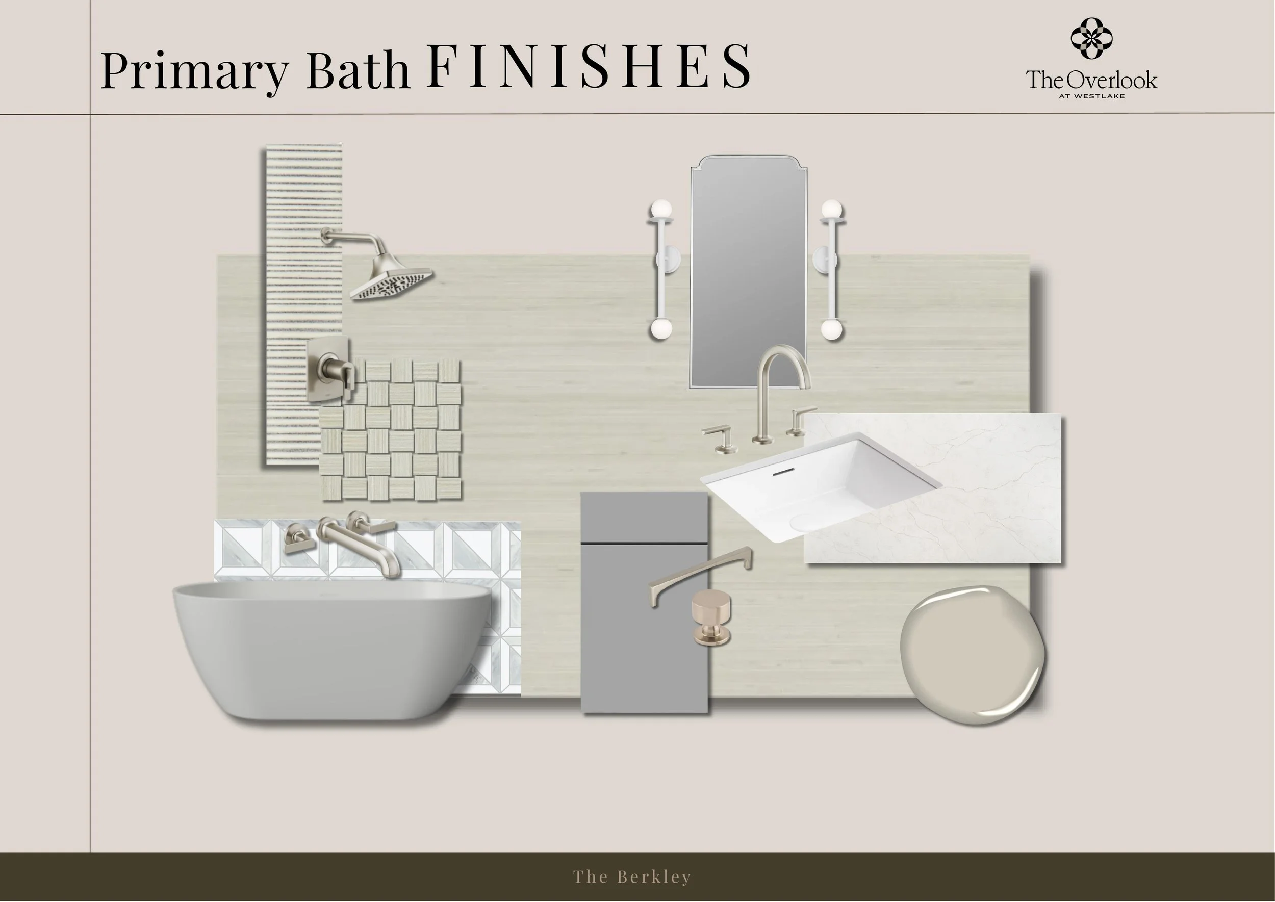 A design board for bathroom finishes featuring a bathtub, showerhead, faucets, mirror, lighting, tiles, and countertop with a sink.