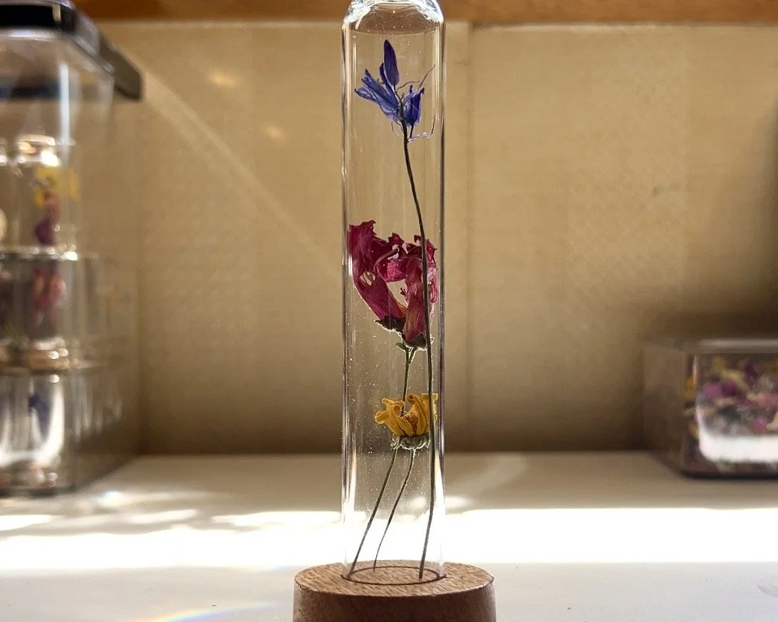 A glass test tube with three dried colourful flowers inside stands on a wooden base on a surface, with a blurred background of storage containers full of preserved flowers in jars and a beige wall.