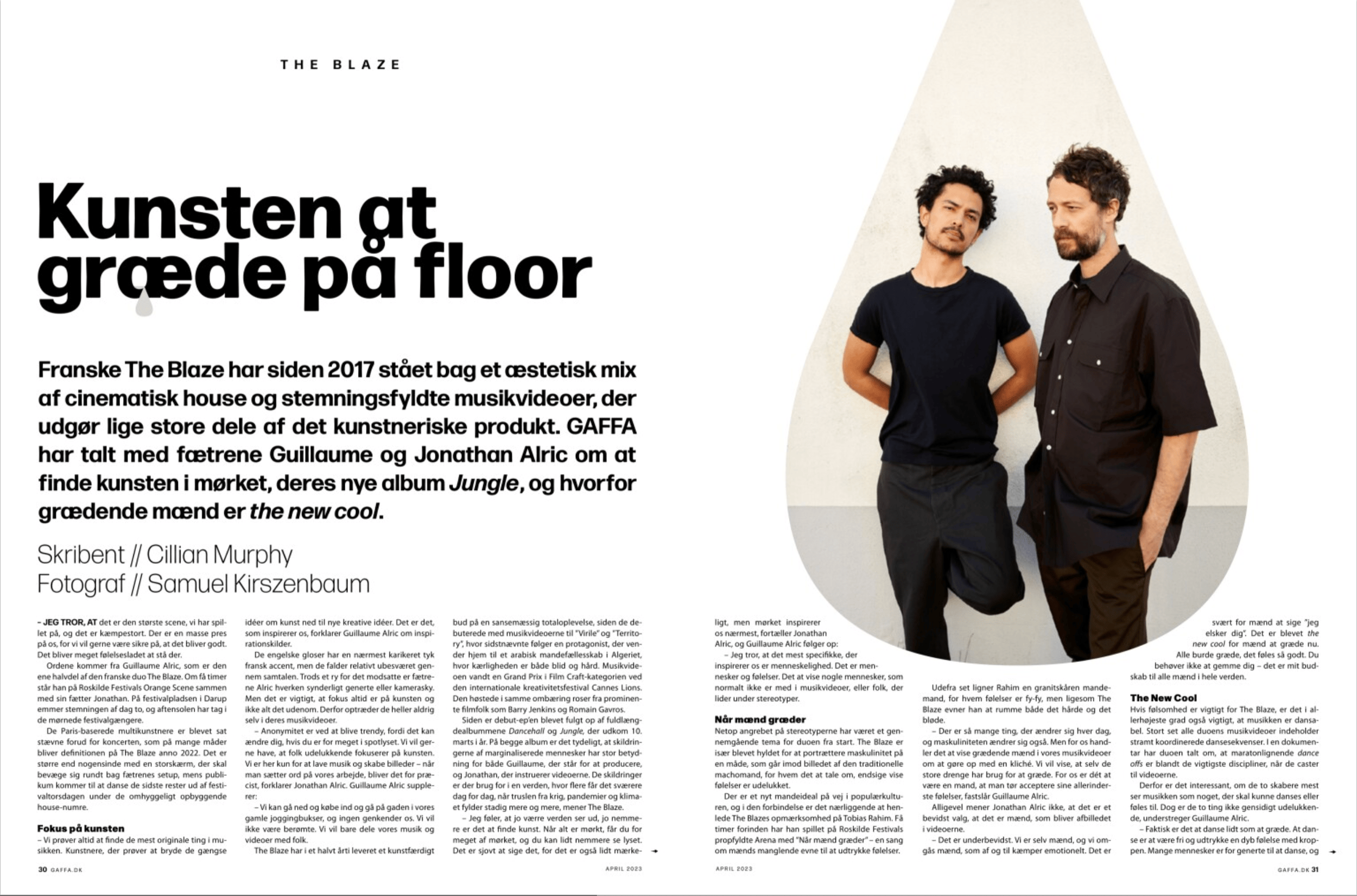 A magazine spread featuring an article about the music group The Blaze, with a photograph of two men standing side by side against a plain background, one with curly hair and a black shirt, the other with a beard and dark shirt. Gaffa.