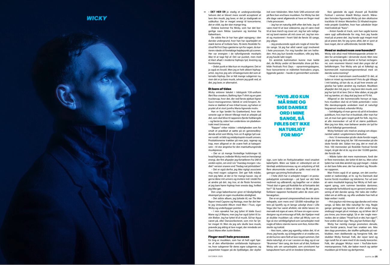Portrait of a young man with dark hair, illuminated with blue lighting, looking to the right, on a magazine spread titled 'WICKY'. Gaffa, Jeg er sygt inspireret af at teste grænser af.