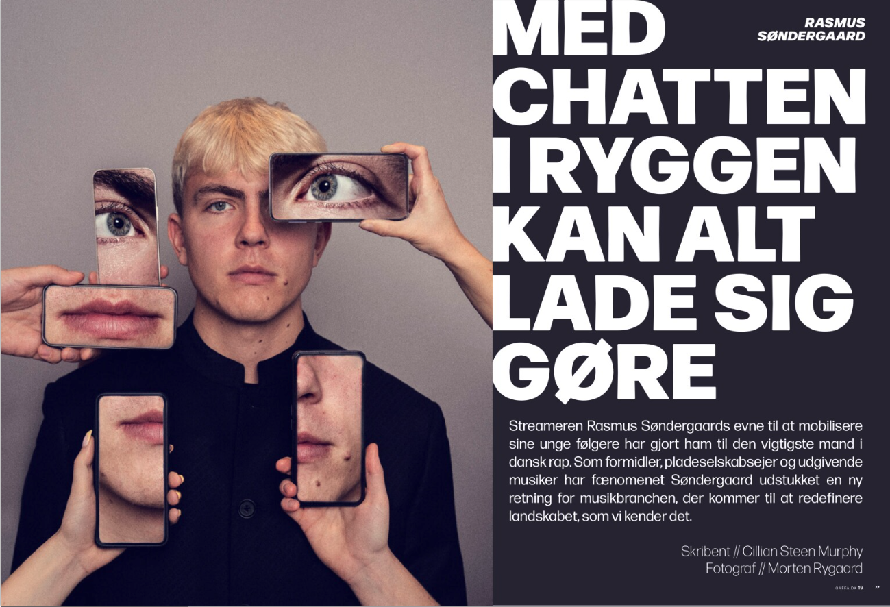 Rasmus Søndergaard is surrounded by hands holding phones with enlarged close-up images of eyes and lips, creating an artistic collage. Gaffa, Med chatten i ryggen kan alt lade sig gøre