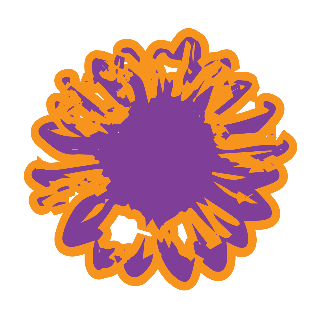 Colorful abstract flower-like design with purple and orange colors from the band Frit Løb.
Orange og lilla abstrakt blomst som logo for bandet Frit Løb.