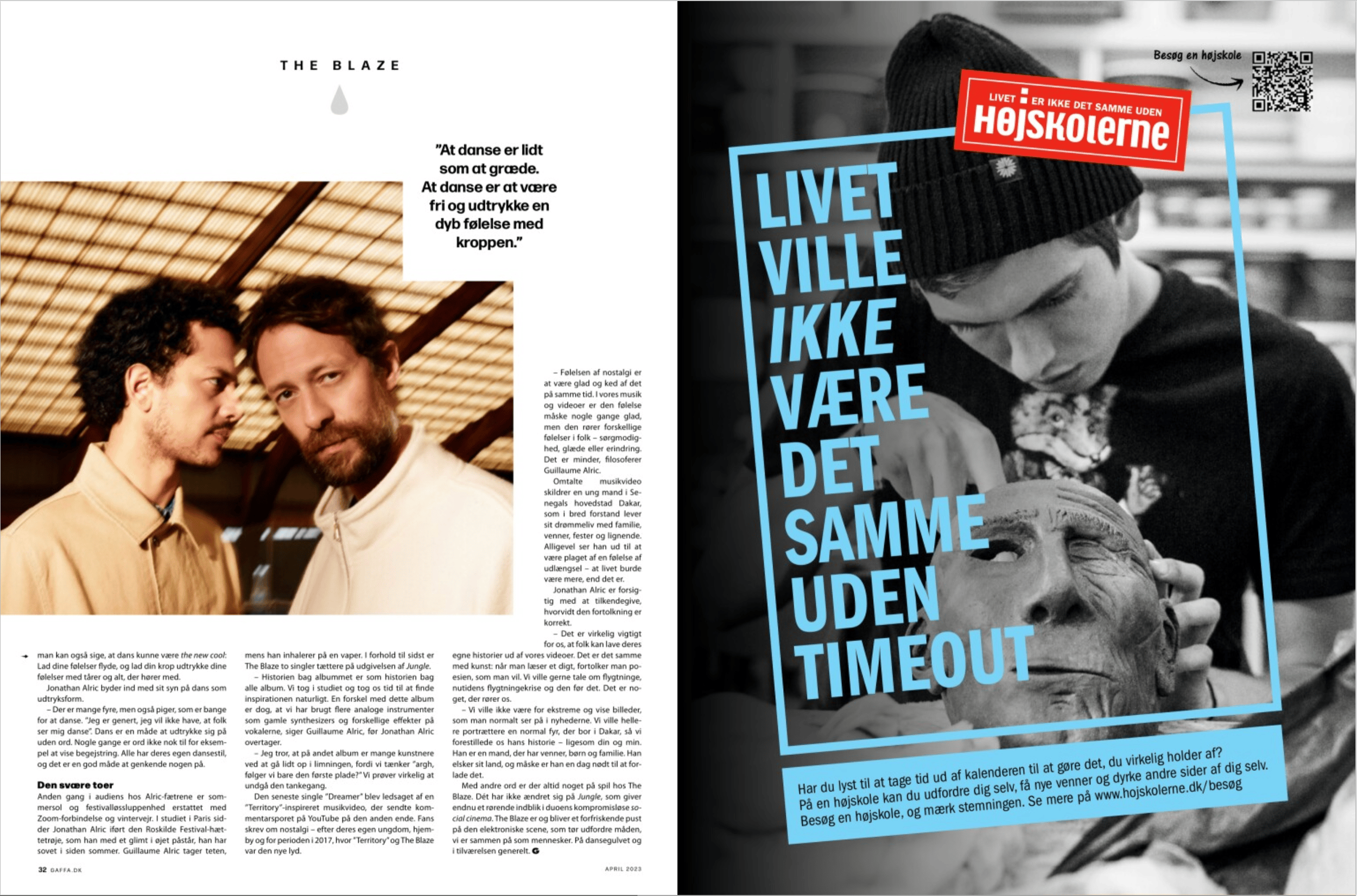 A black and white photo of a young man in a knit cap drawing on a mask of an elderly man's face, with blue and red text overlays in Danish. Gaffa, The Blaze.