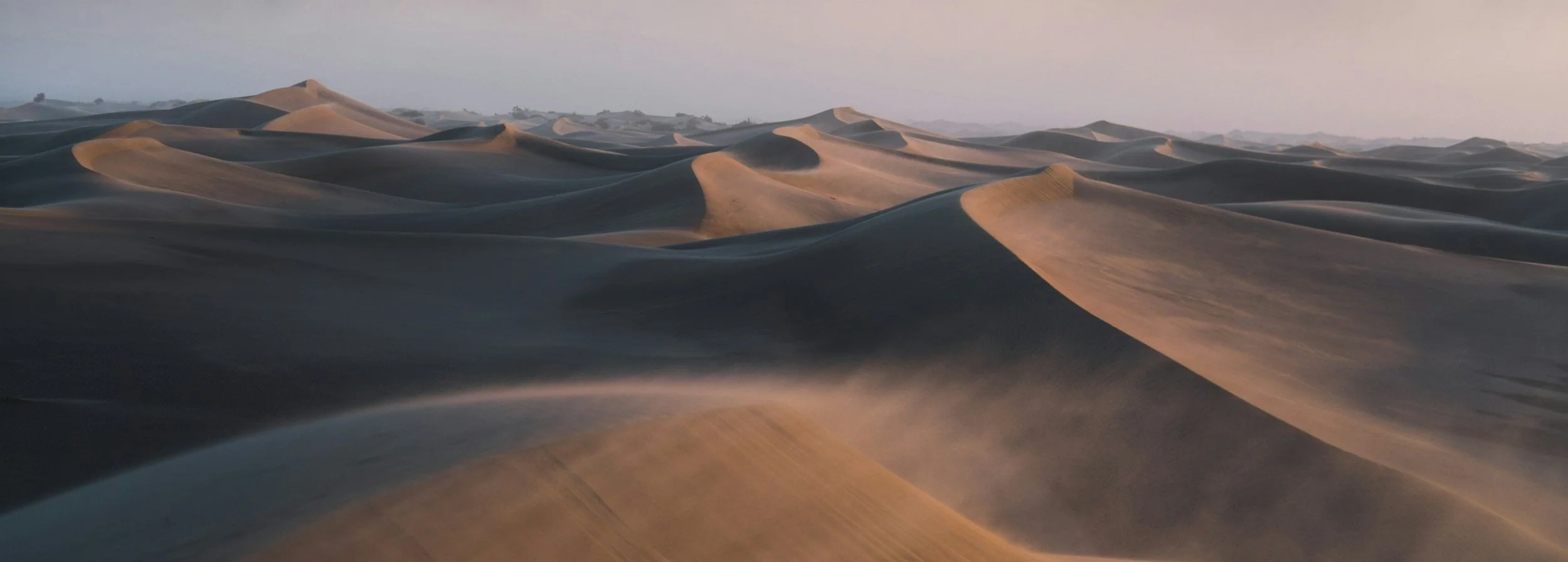 Sweeping sand dunes in a desert at sunset with soft light and shadows.
