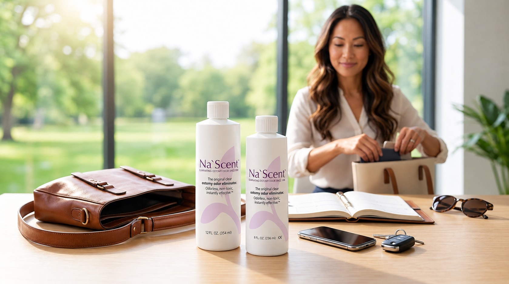 woman preparing to go out taking Na'Scent Odour Eliminator with her