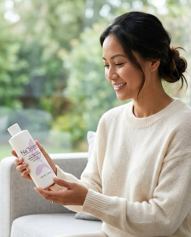 Smiling woman holding a bottle labeled 'Na Scent' indoors with a blurred green outdoor background.