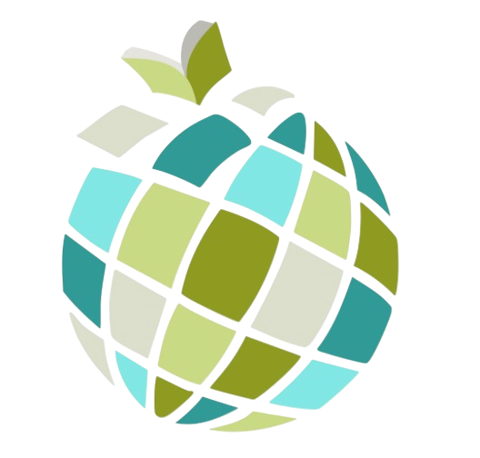 Abstract geometric design with green, blue, and white shapes arranged in a spherical pattern.