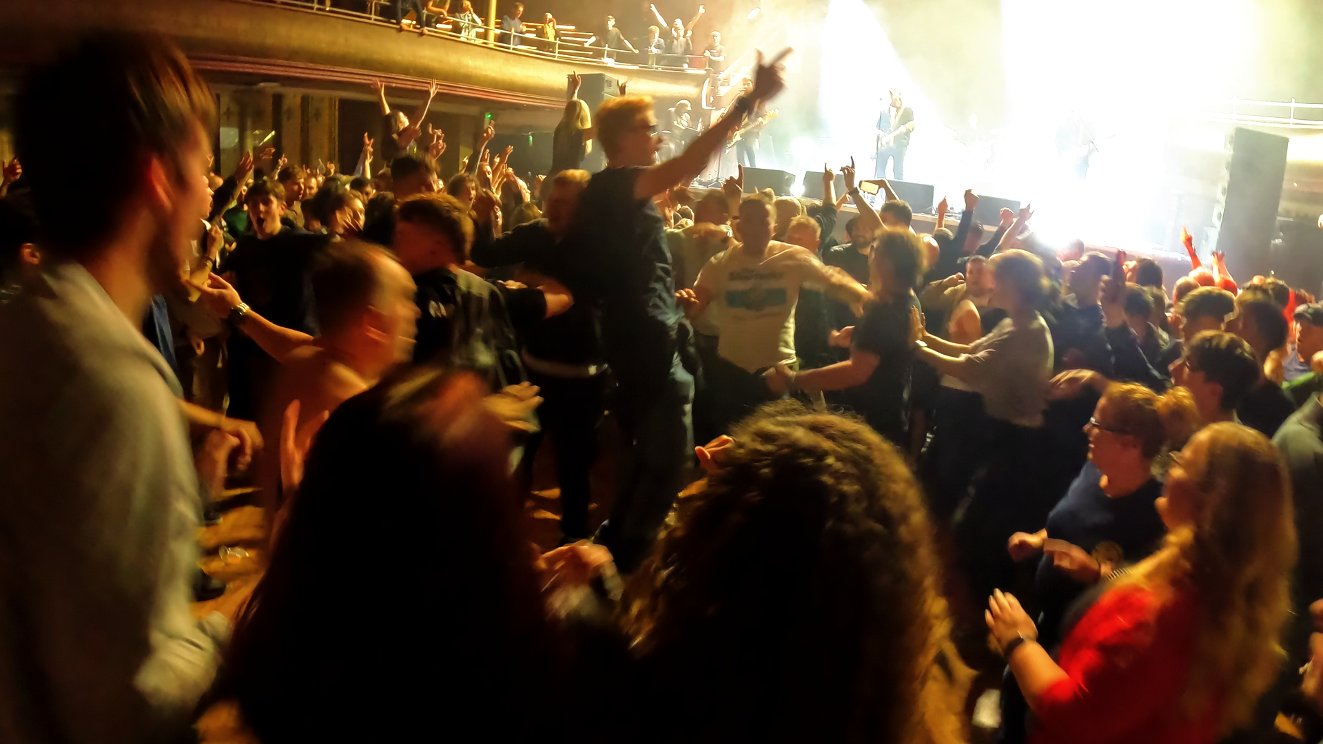 Crowd dancing and enjoying live music at a concert with stage lights and band in the background.