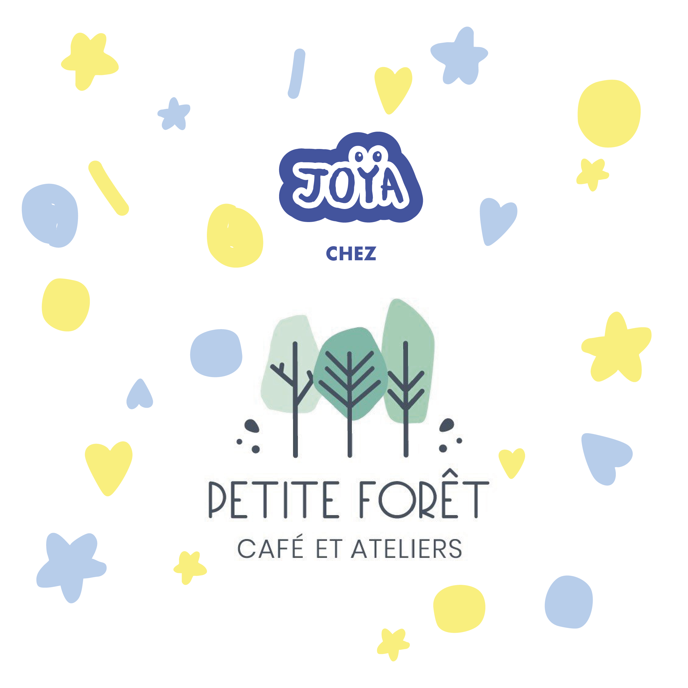 Logo de 'Joya', enseigne de café et ateliers, avec un design de trois arbres stylisés, entouré de petits cœurs, étoiles et formes arrondies en couleurs pastel jaune, bleu et vert.