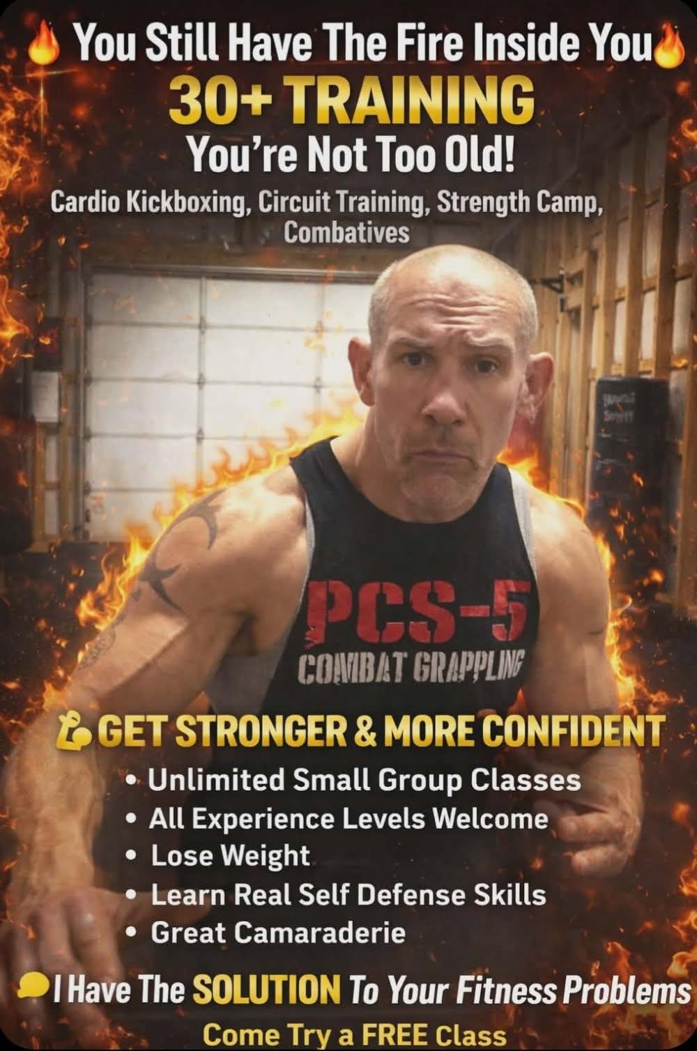 Join Tribe08.   You're not too old! PCS-5 Groups All Levels Lose Weight self defense camaraderie cardio kickboxing circuit training strength camp combatives