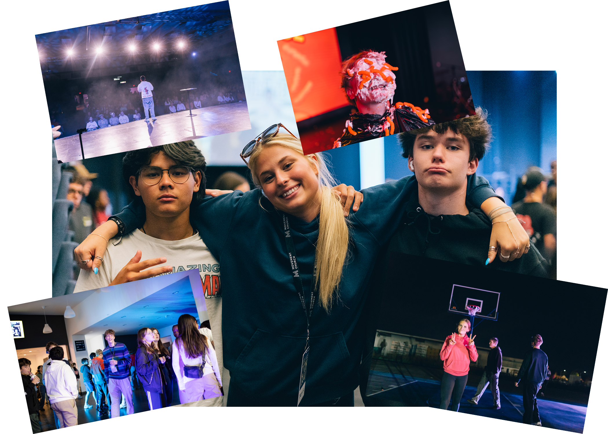 A group of young teenagers at an indoor event, with some images of performances, costumes, and a basketball court layered behind them.