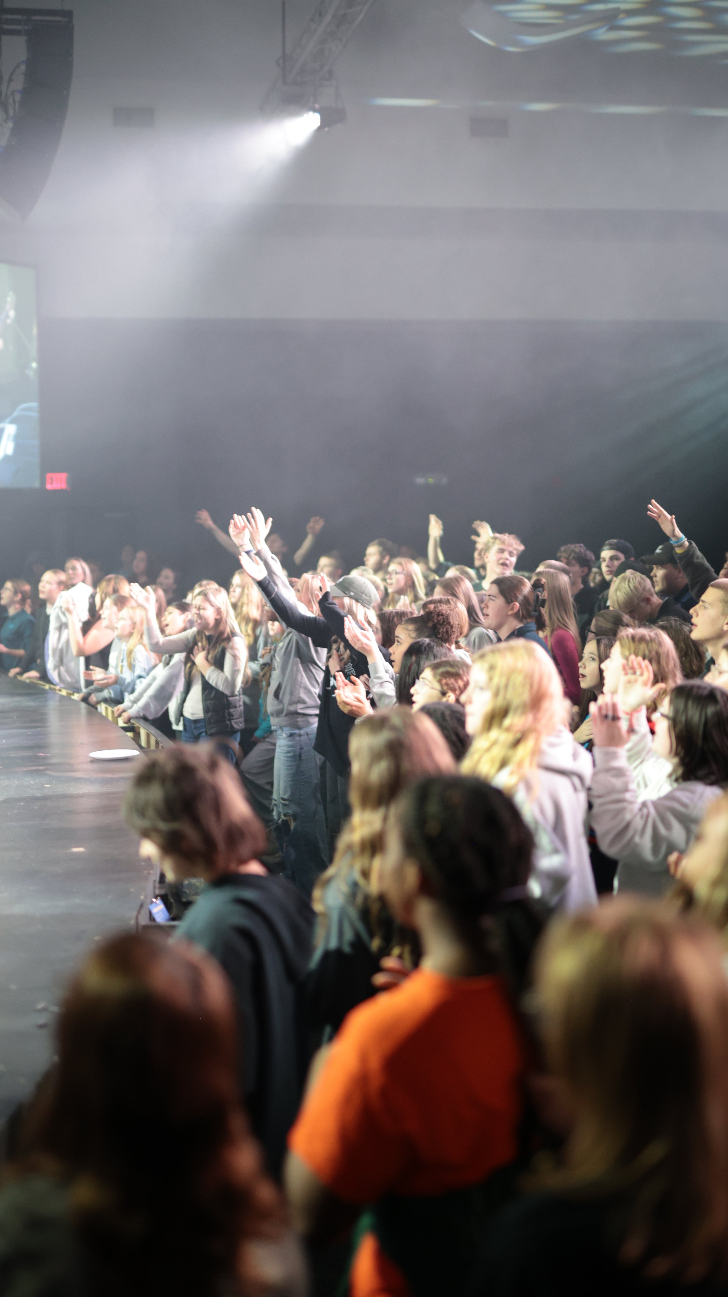 Crowd of young people at a concert or event, standing and waving, with stage lights illuminating the scene.