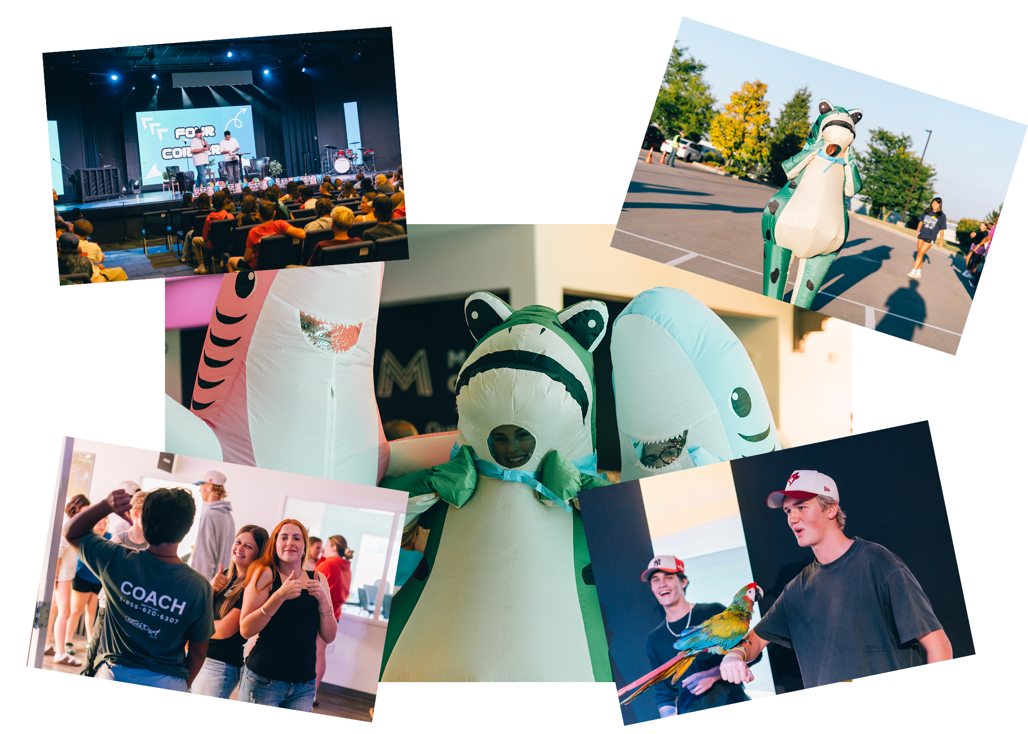 Collage of photos from an event, featuring a stage with performers and an audience, people in animal costumes including a frog and a zebra, attendees in a parking lot with a zebra mascot, two young women inside at a social event, and two young men with a colorful parrot on stage.