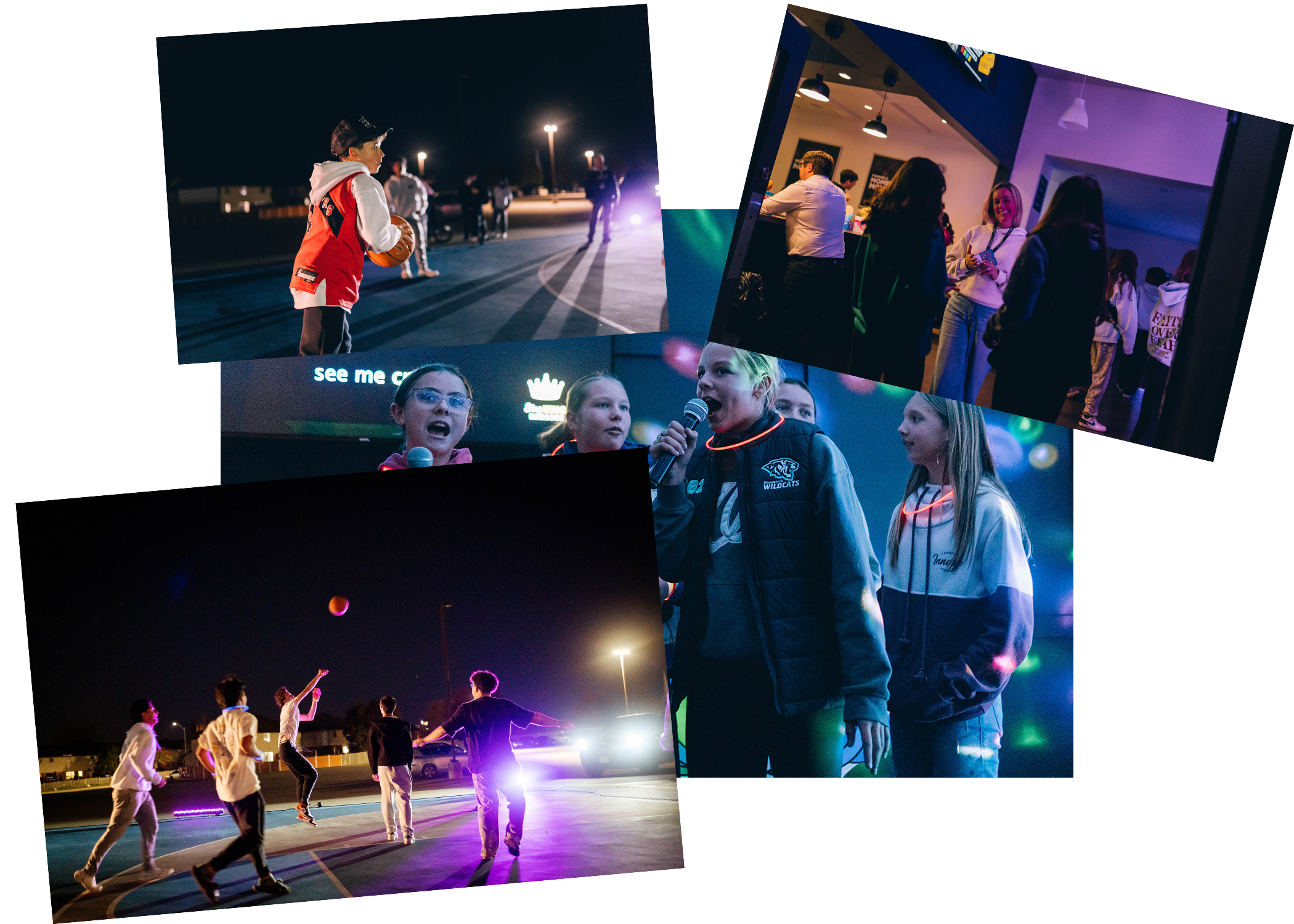 Collage of photos showing children and teenagers at night. Top left shows a child holding a basketball on a dark street. Top right depicts a group of young people inside a social venue. Middle left features girls singing karaoke with neon signs in the background. Bottom left shows kids playing basketball outdoors under colorful lights. Bottom right displays two girls talking and wearing glow necklaces at an indoor event.