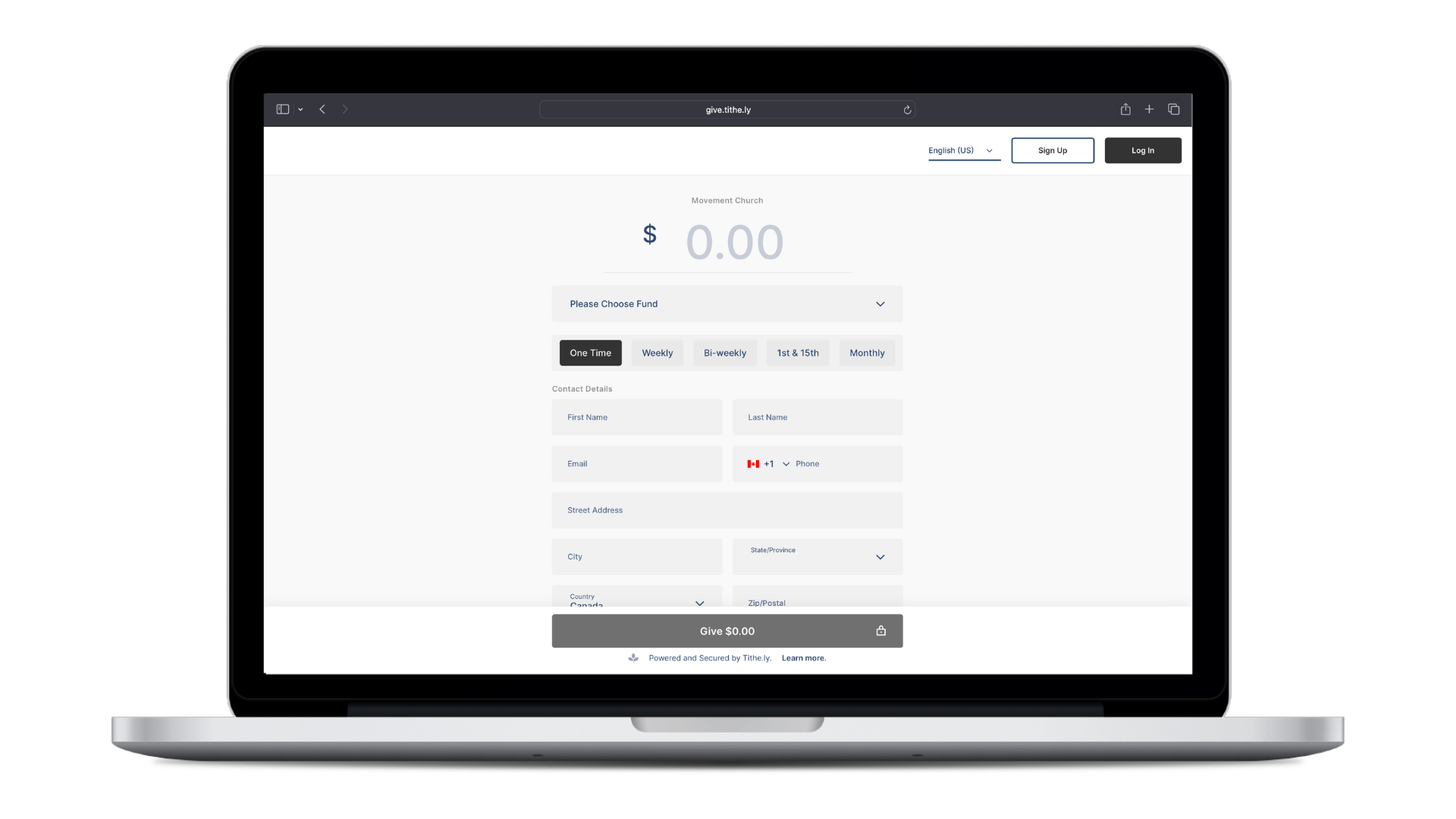 Laptop screen displaying a donation webpage for Movement Church with a $0.00 total, options to choose donation frequency, and fields for personal contact information.