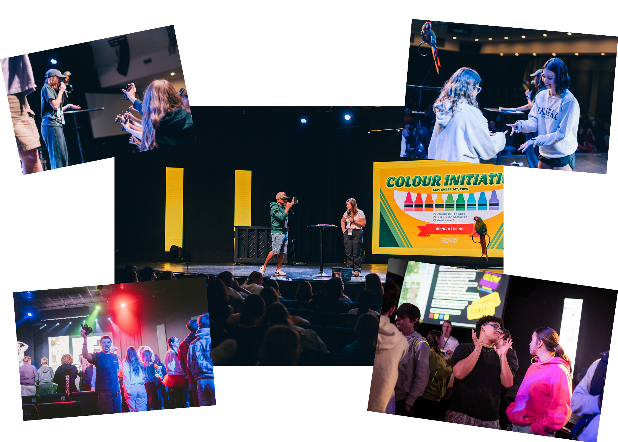 Inside a theater or conference venue, multiple scenes including a singer or speaker on stage, conversations among young people, a colorful youth event with a large screen displaying 'Colour Initiatives' and a parrot graphic, an audience watching a presentation, and a group of people socializing or networking with some clapping and engaging in discussions.