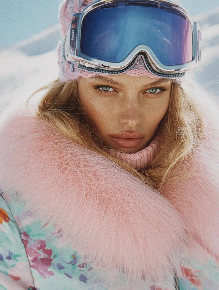 AI Close-up of a woman with blonde hair, wearing ski goggles, a pink fur-lined coat, and a pink knit hat in a snowy environment.