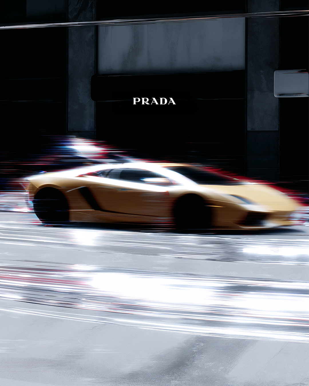A blurred gold sports car driving past a Prada store on a city street at night.