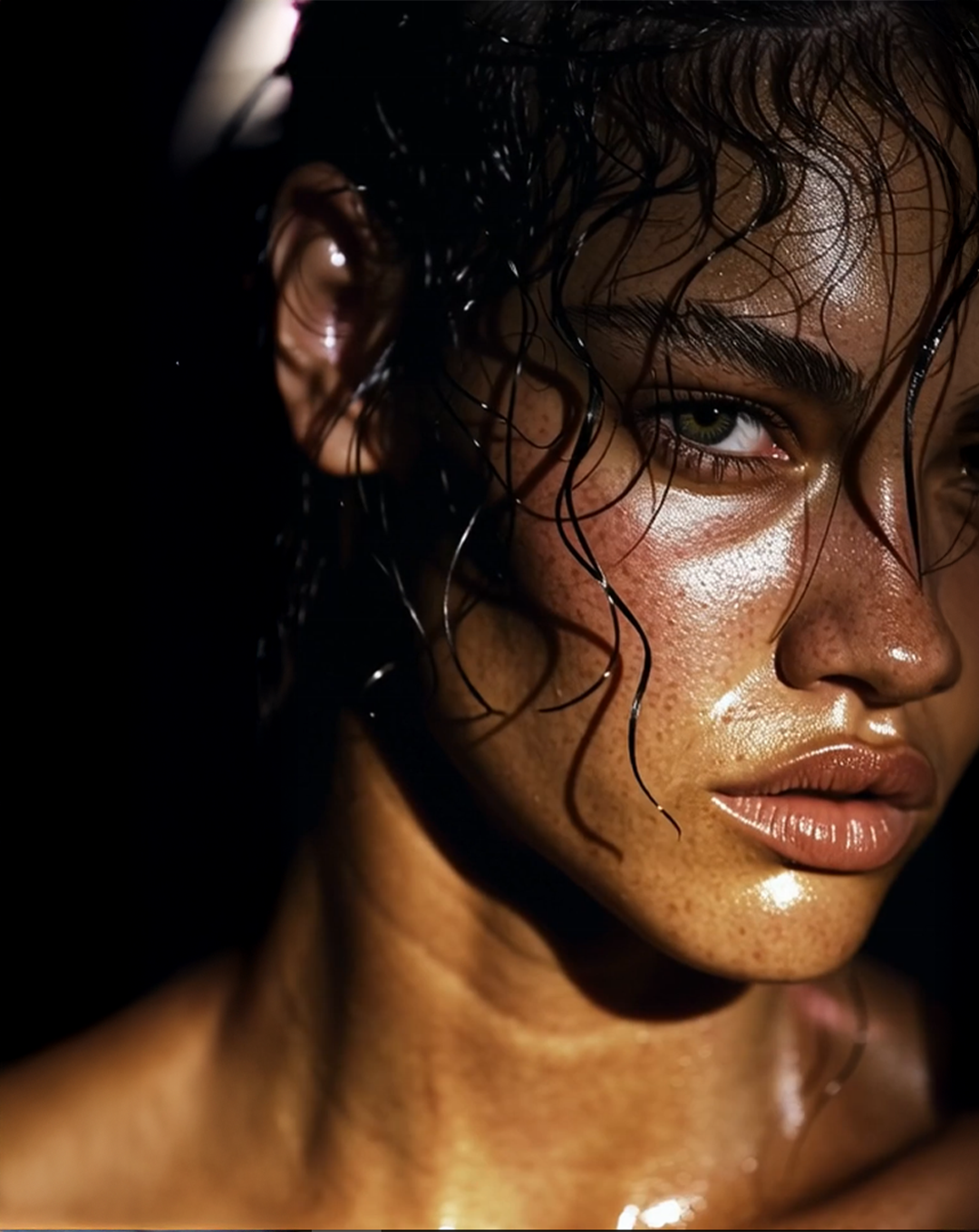 Close-up of a woman with dark, wet, curly hair, glistening skin, and green eyes, looking intently to the side.