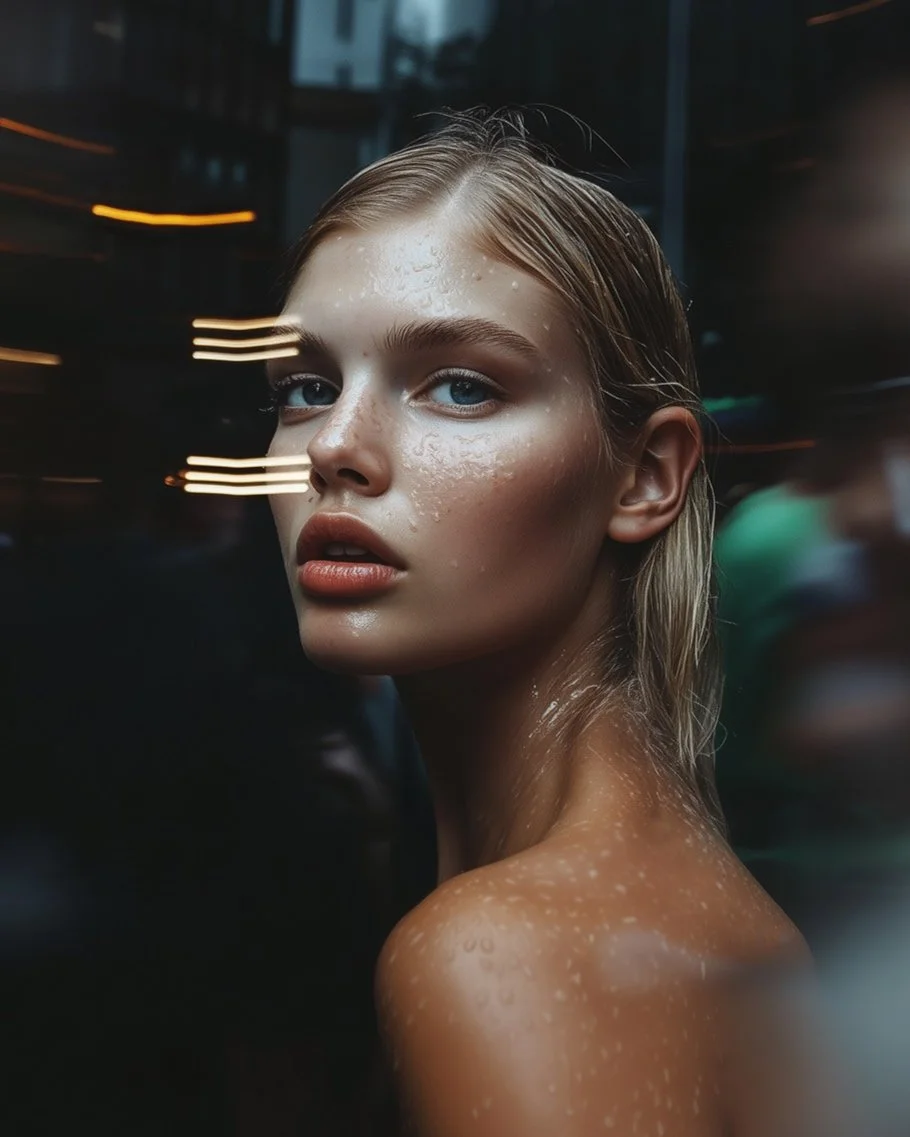 AI Close-up portrait of a young woman with wet skin and blonde hair, looking at the camera, with blurred city lights reflected on a glass surface.
