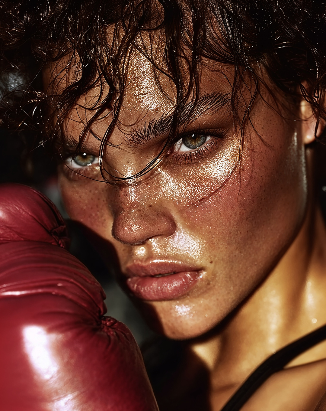 Close-up of a woman with wet hair and glistening skin, wearing a boxing glove.
